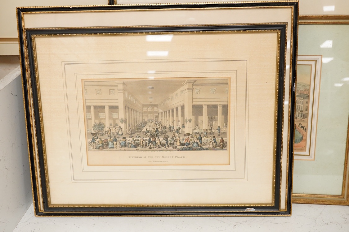 A collection of Brighton interest prints, 19th century and later to include: the Interior of The Newmarket Place, The Parish Church, Brighton and Brighton Town Hall and Market, largest 20 x 30cm, each framed